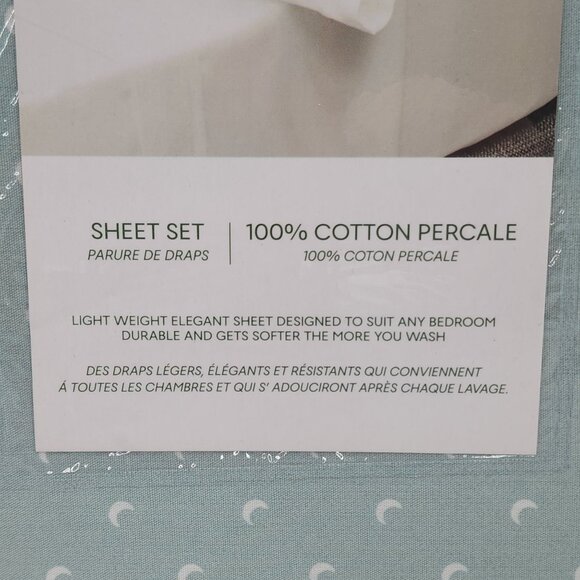 Lacoste King Cotton Percale Sheet Set Moon Print Aqua Green Light Weight - Picture 4 of 11